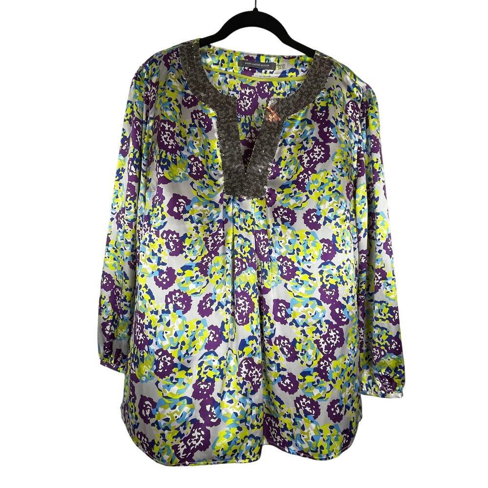 Boden Limited Edition‎ Floral Sequin Neckline Top Silk Sz 14 Beige Purple Yellow